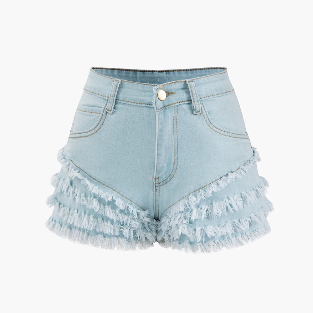 MICAS High Waisted Frayed Design Jean Shorts Light Blue Wash